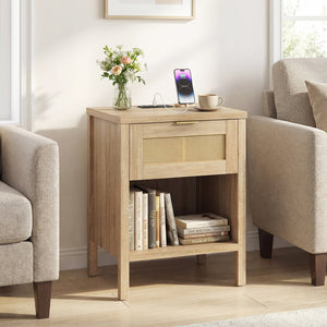 Rattan Nightstand with Charging Station and Storage Shelf for Bedroom-Oak