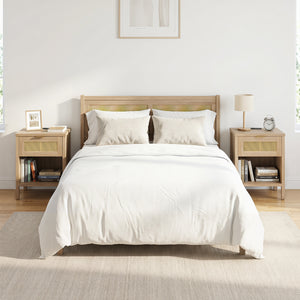 Rattan Nightstand with Charging Station and Storage Shelf for Bedroom-Oak
