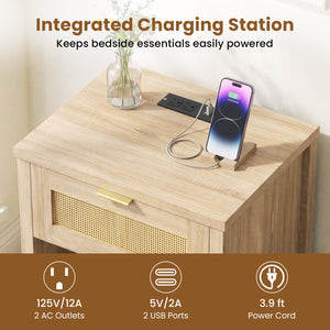 Rattan Nightstand with Charging Station and Storage Shelf for Bedroom-Oak