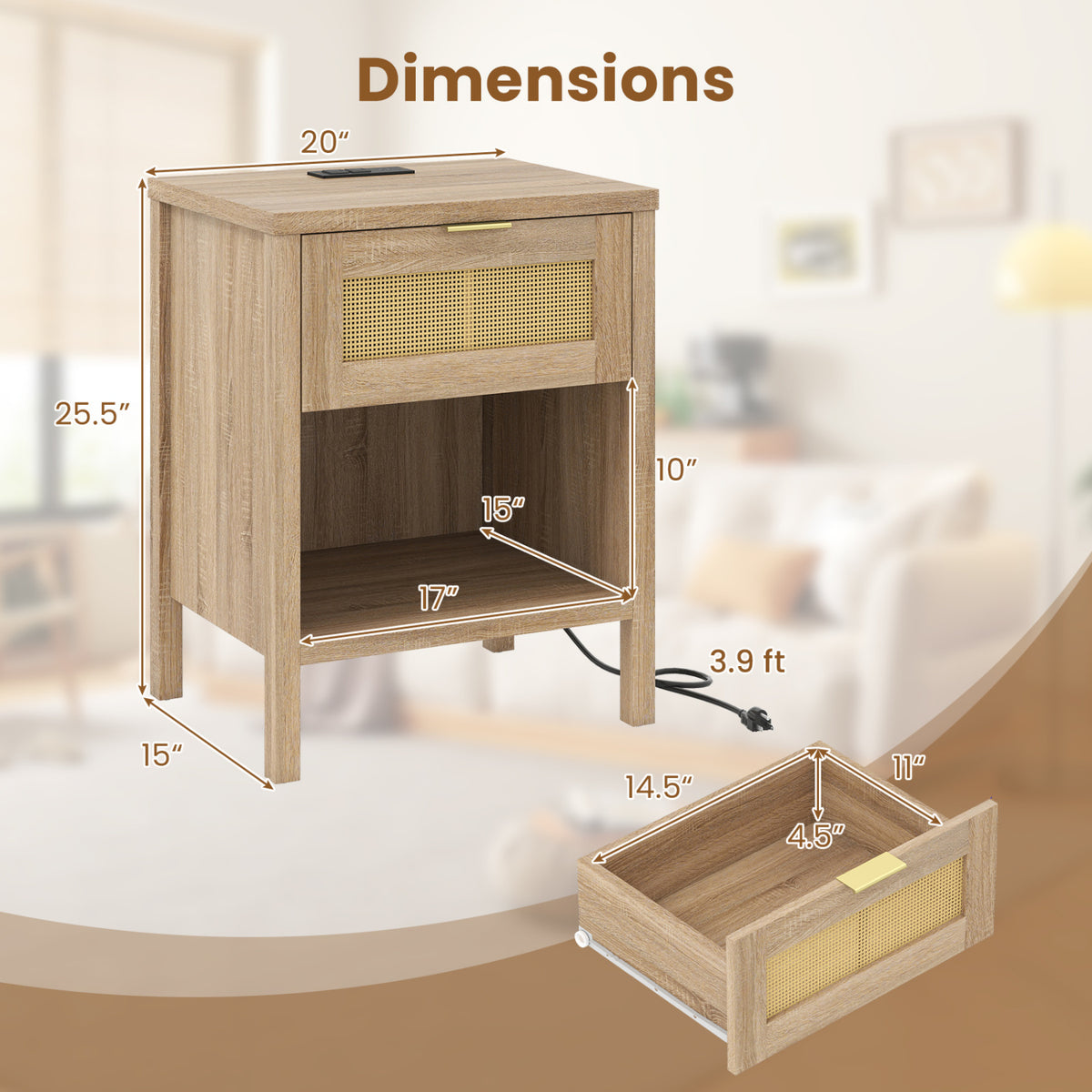 Rattan Nightstand with Charging Station and Storage Shelf for Bedroom-Oak