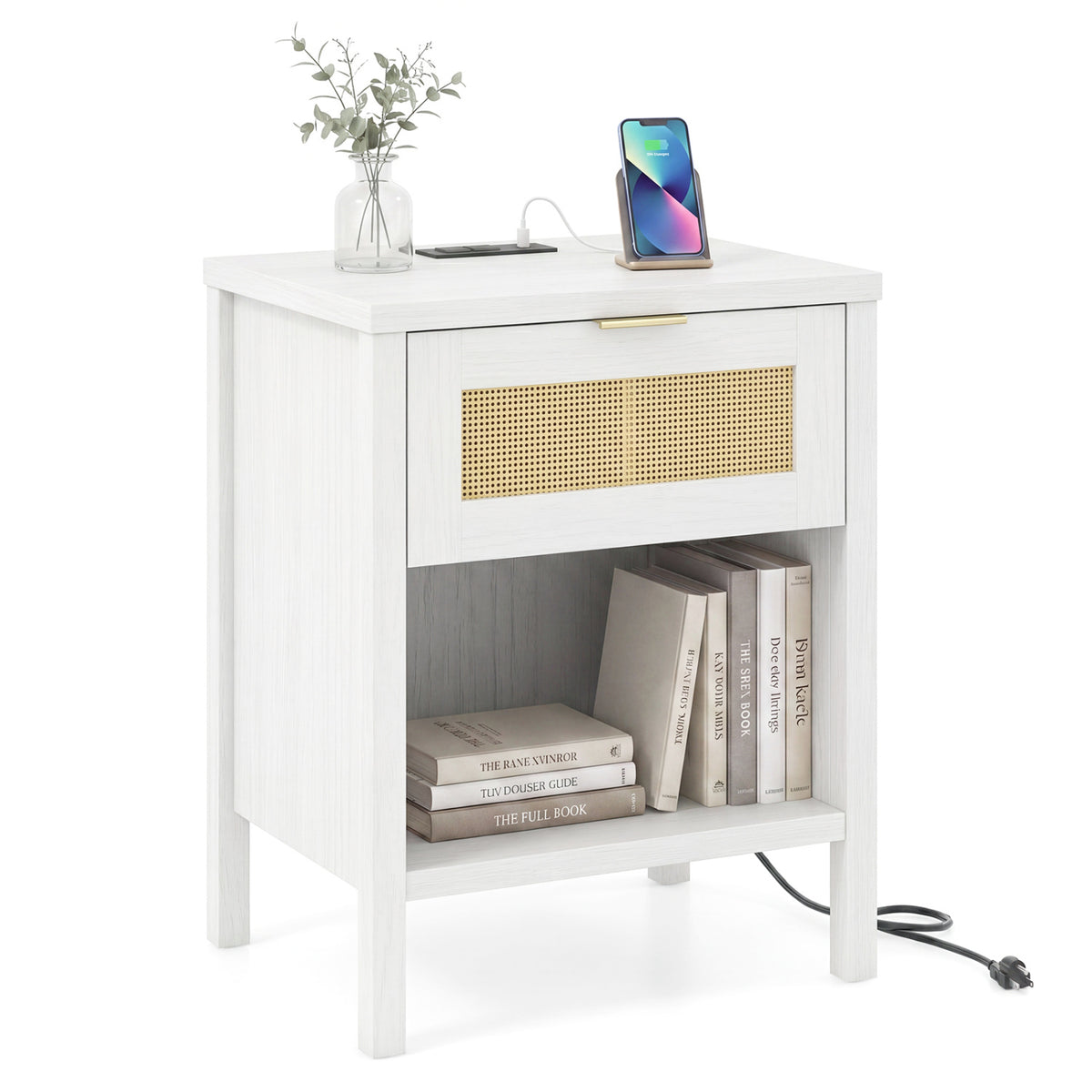 Rattan Nightstand with Charging Station and Storage Shelf for Bedroom-White