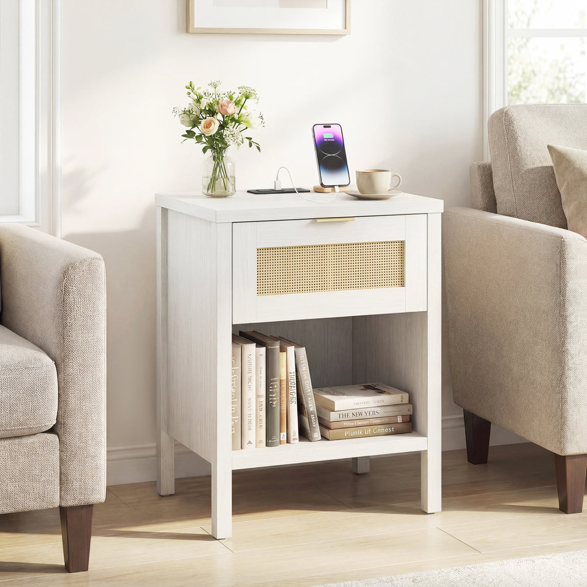Rattan Nightstand with Charging Station and Storage Shelf for Bedroom-White