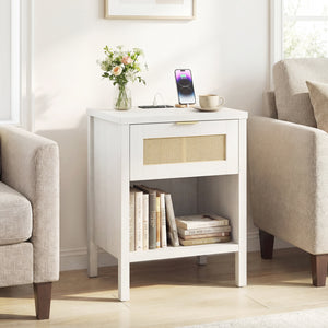 Rattan Nightstand with Charging Station and Storage Shelf for Bedroom-White
