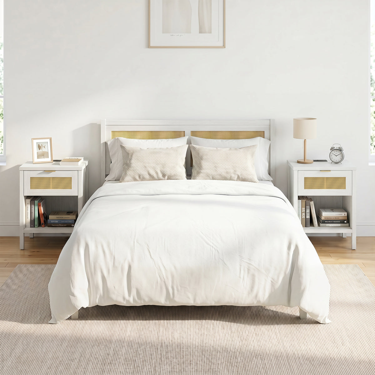 Rattan Nightstand with Charging Station and Storage Shelf for Bedroom-White