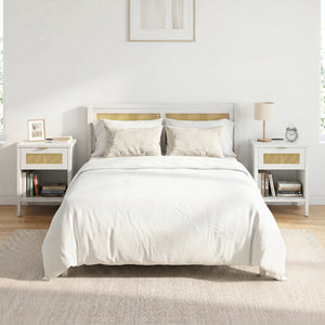 Rattan Nightstand with Charging Station and Storage Shelf for Bedroom-White