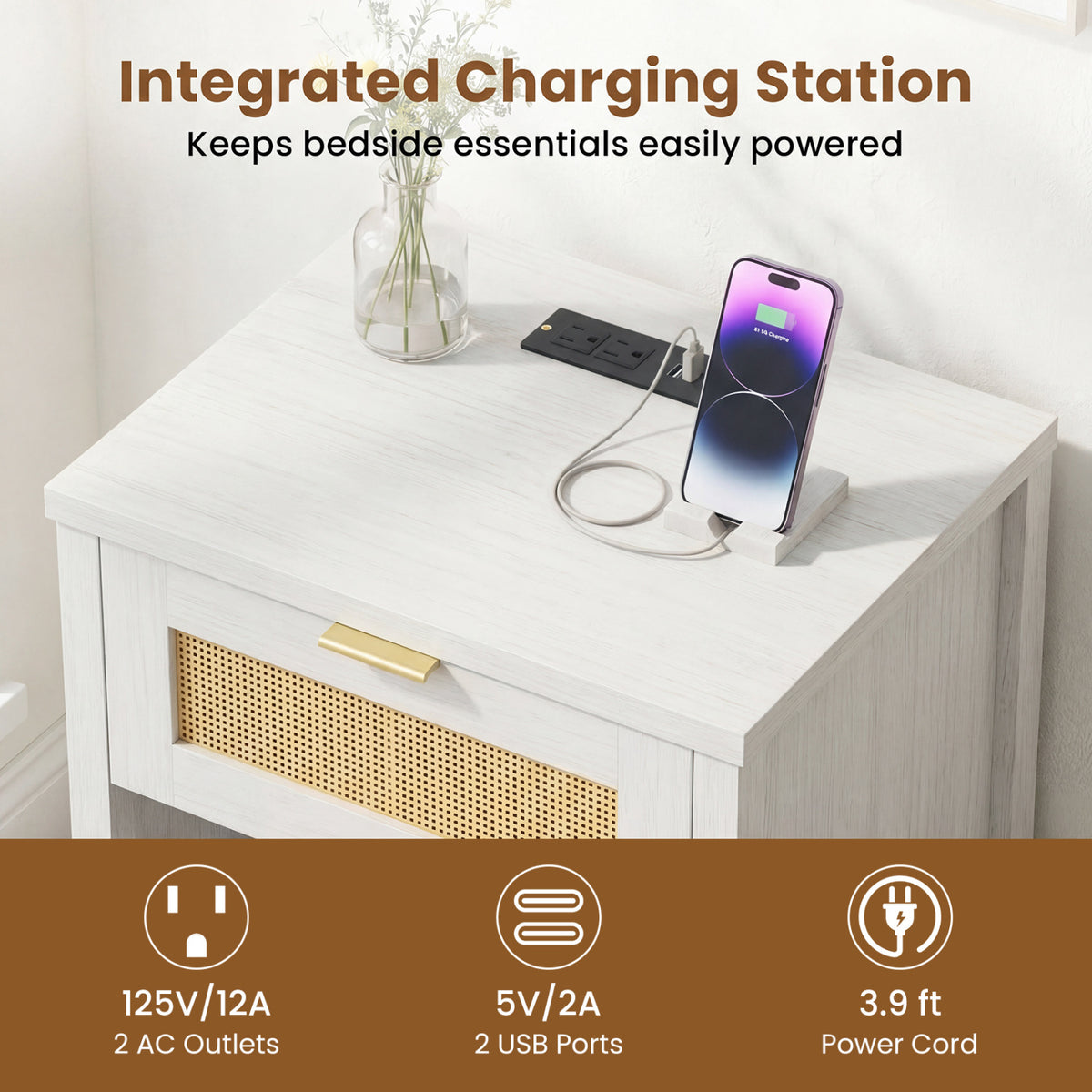 Rattan Nightstand with Charging Station and Storage Shelf for Bedroom-White