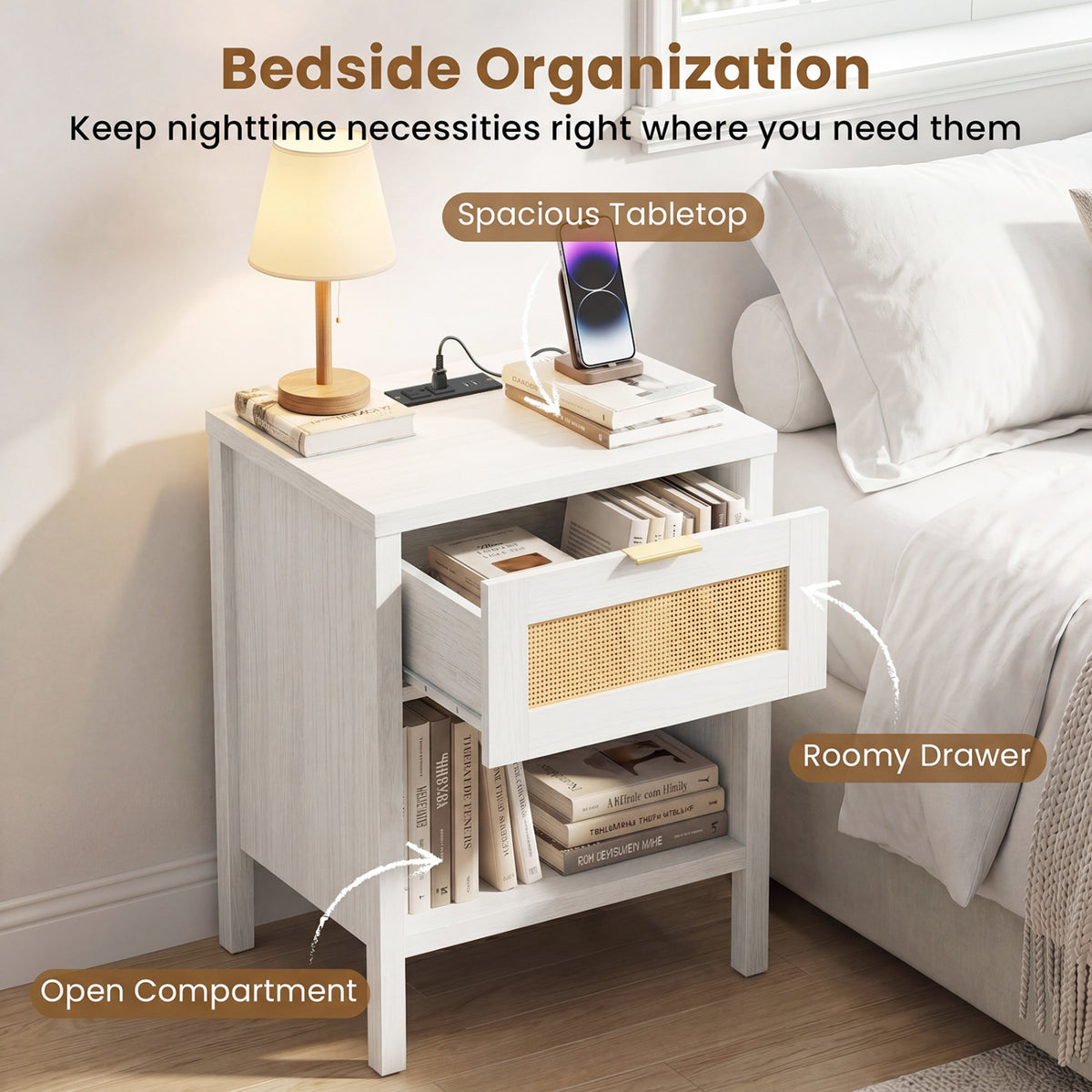Rattan Nightstand with Charging Station and Storage Shelf for Bedroom-White