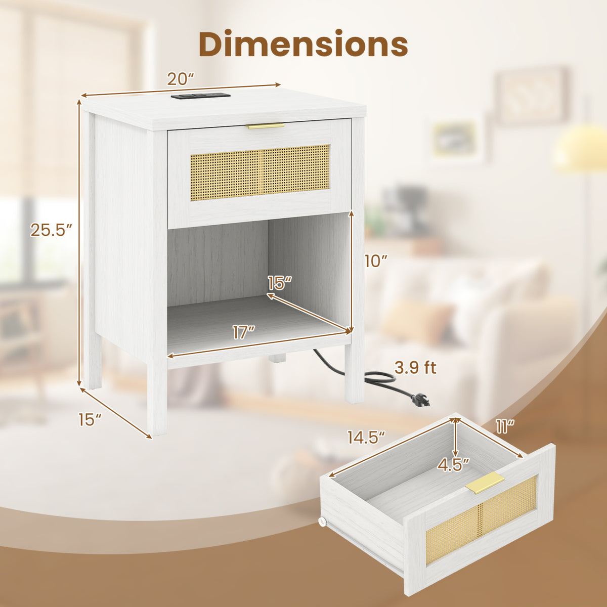 Rattan Nightstand with Charging Station and Storage Shelf for Bedroom-White