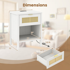 Rattan Nightstand with Charging Station and Storage Shelf for Bedroom-White