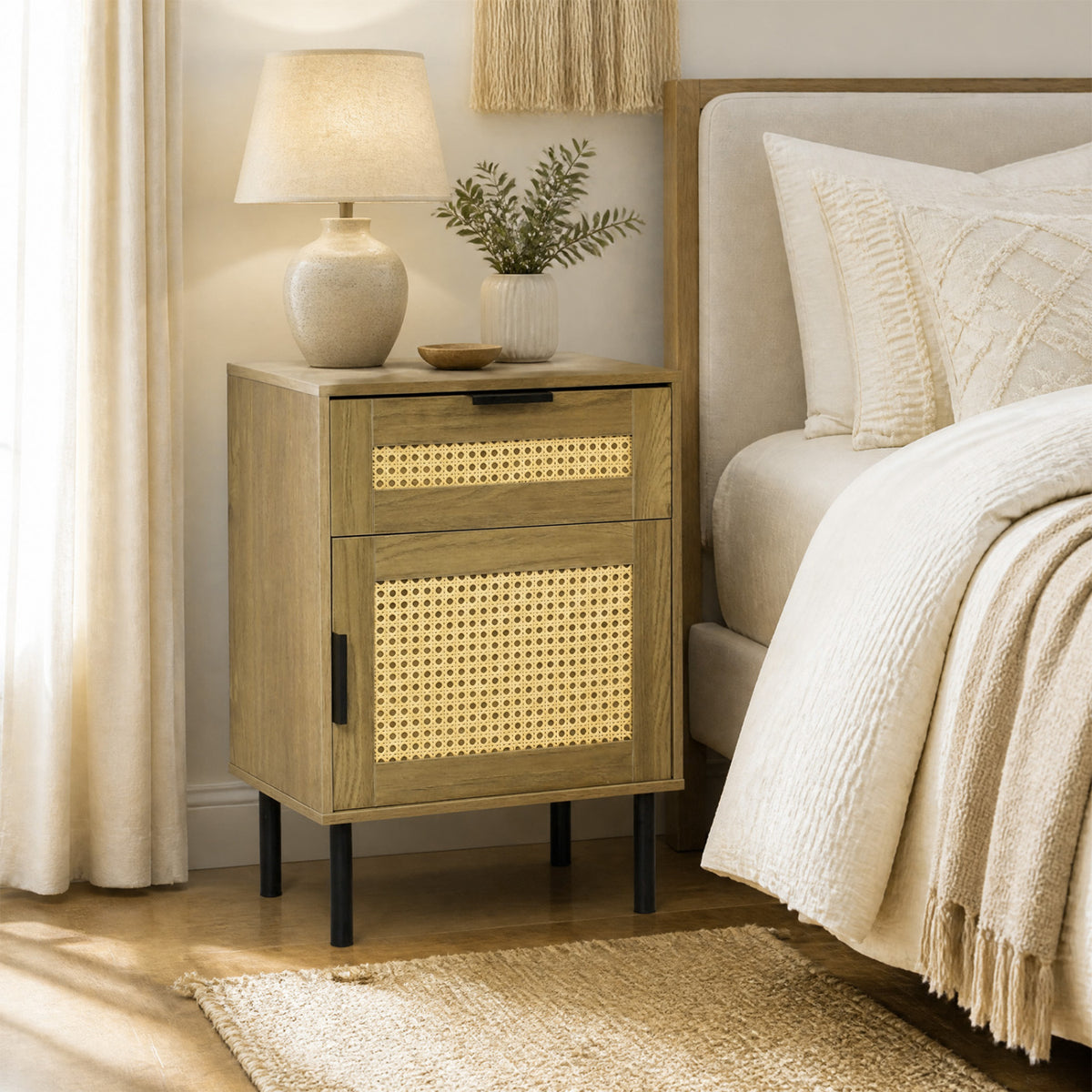 Rattan Nightstand with Drawer and Storage Cabinet for Bedroom Dorm-Natrual