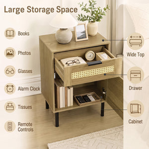 Rattan Nightstand with Drawer and Storage Cabinet for Bedroom Dorm-Natrual