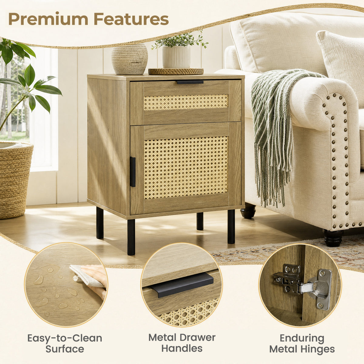 Rattan Nightstand with Drawer and Storage Cabinet for Bedroom Dorm-Natrual