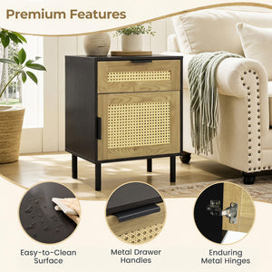 Rattan Nightstand with Drawer and Storage Cabinet for Bedroom Dorm-Black