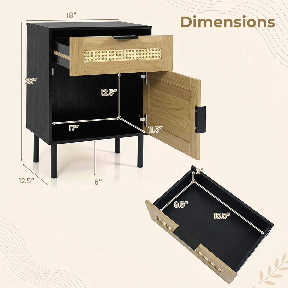 Rattan Nightstand with Drawer and Storage Cabinet for Bedroom Dorm-Black