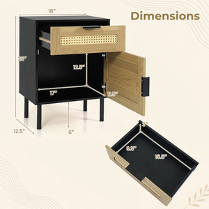 Rattan Nightstand with Drawer and Storage Cabinet for Bedroom Dorm-Black
