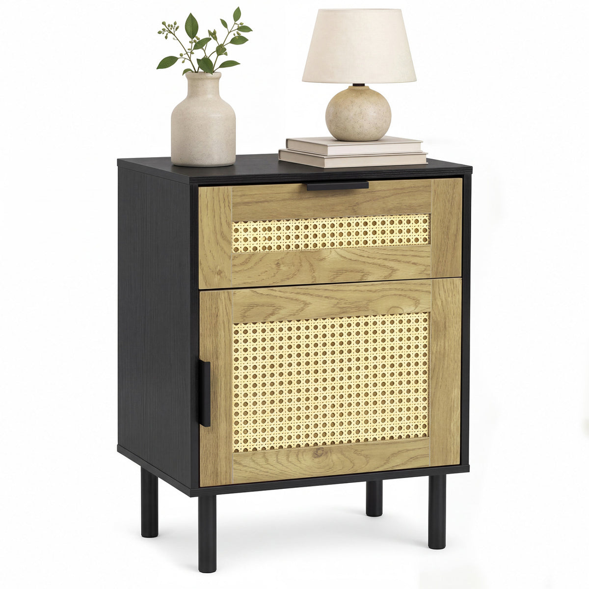 Rattan Nightstand with Drawer and Storage Cabinet for Bedroom Dorm-Black