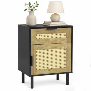Rattan Nightstand with Drawer and Storage Cabinet for Bedroom Dorm-Black