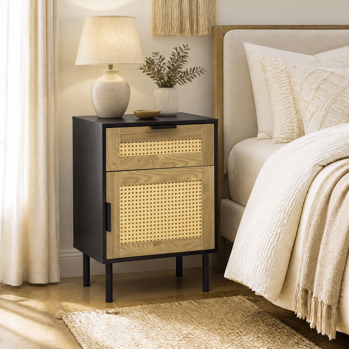 Rattan Nightstand with Drawer and Storage Cabinet for Bedroom Dorm-Black