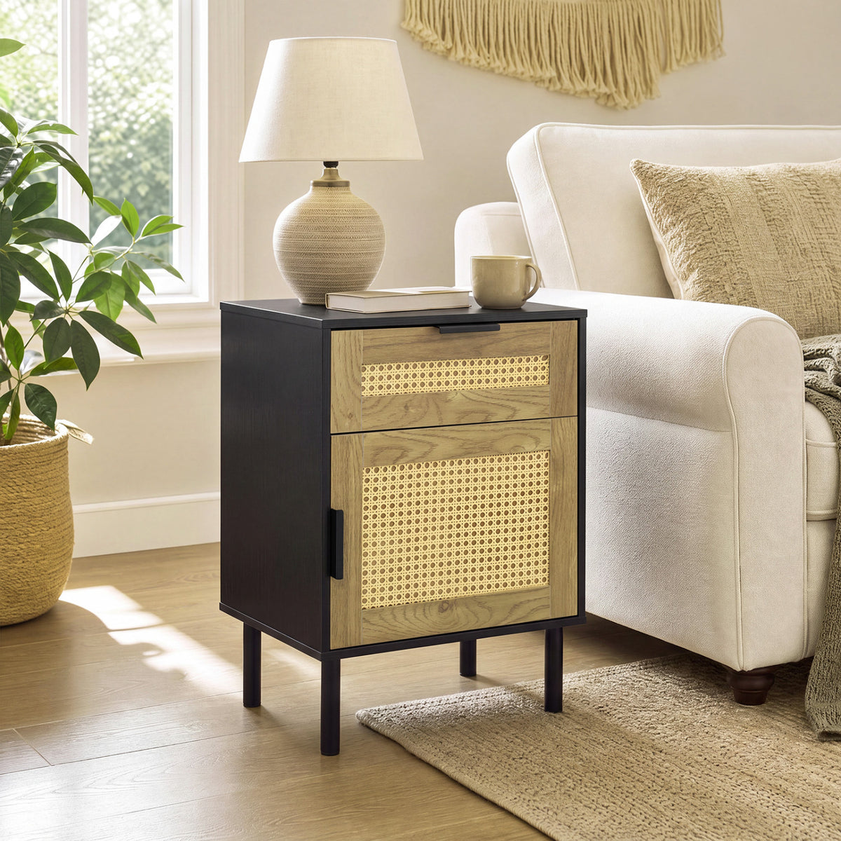 Rattan Nightstand with Drawer and Storage Cabinet for Bedroom Dorm-Black