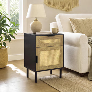 Rattan Nightstand with Drawer and Storage Cabinet for Bedroom Dorm-Black