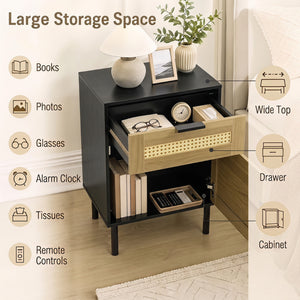 Rattan Nightstand with Drawer and Storage Cabinet for Bedroom Dorm-Black