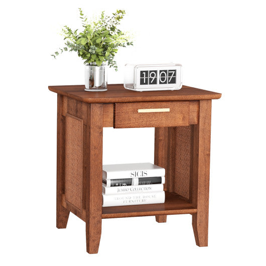 Rattan Nightstand End Table with Drawer and Storage Shelf-Walnut