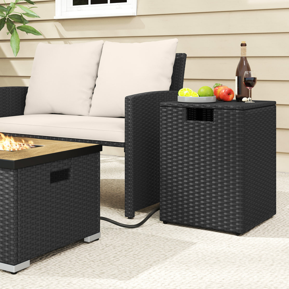 Rattan Propane Tank Cover Patio Hideaway Tank Side Table-Black