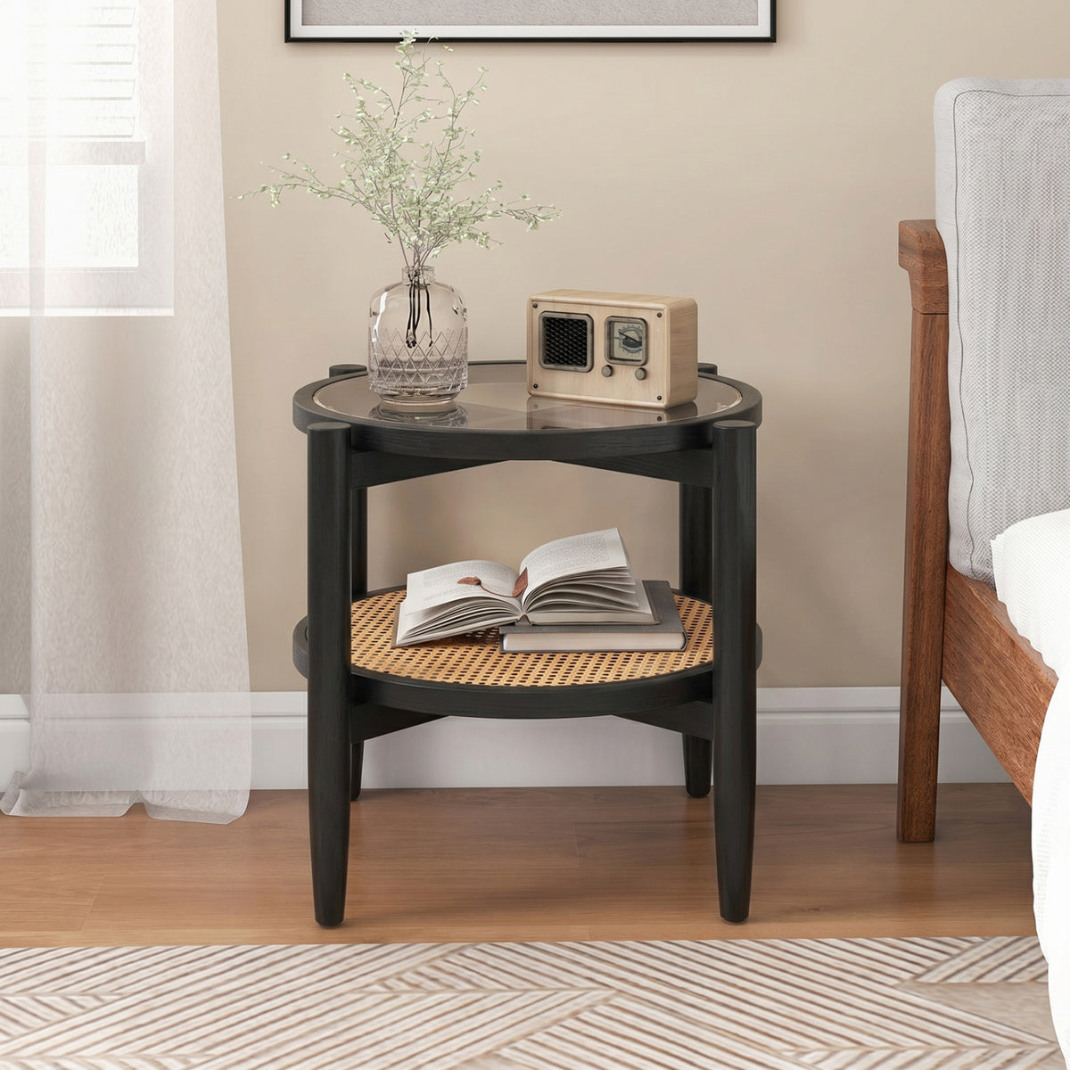 Rattan Round Side End Table with Tempered Glass Tabletop-Black