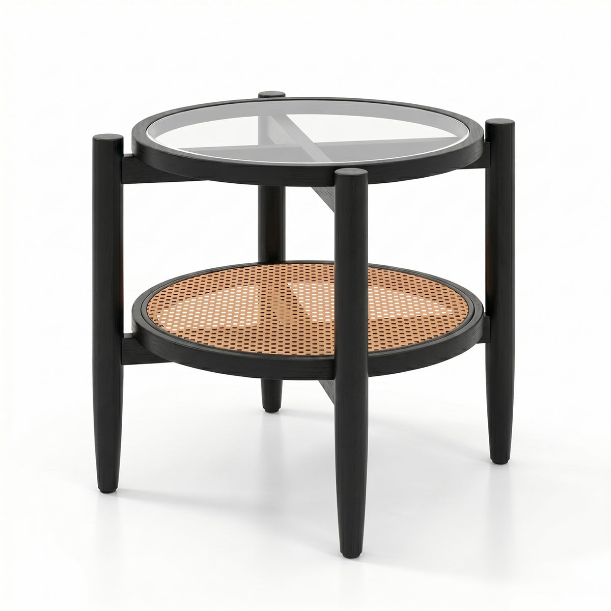 Rattan Round Side End Table with Tempered Glass Tabletop-Black