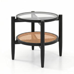 Rattan Round Side End Table with Tempered Glass Tabletop-Black