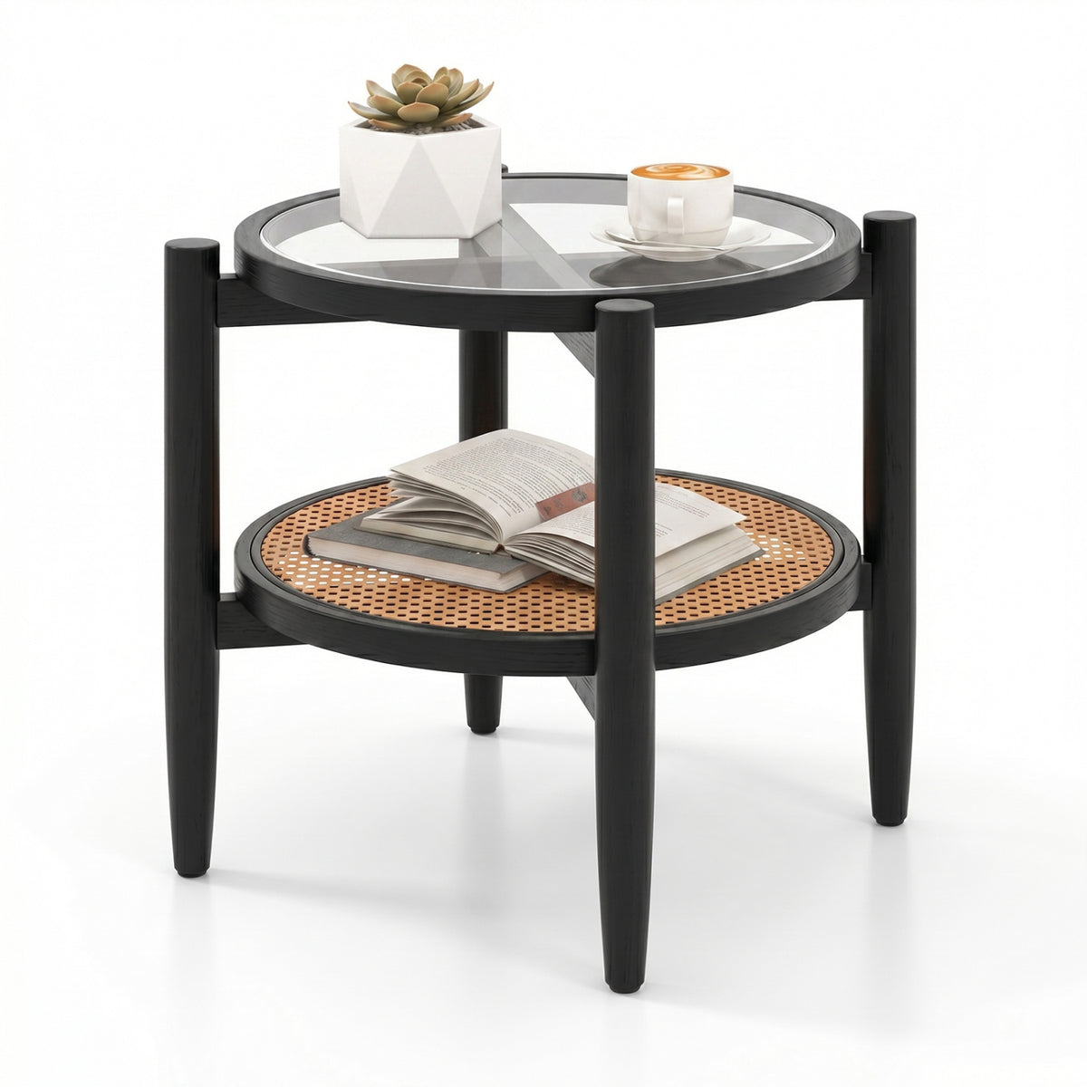 Rattan Round Side End Table with Tempered Glass Tabletop-Black