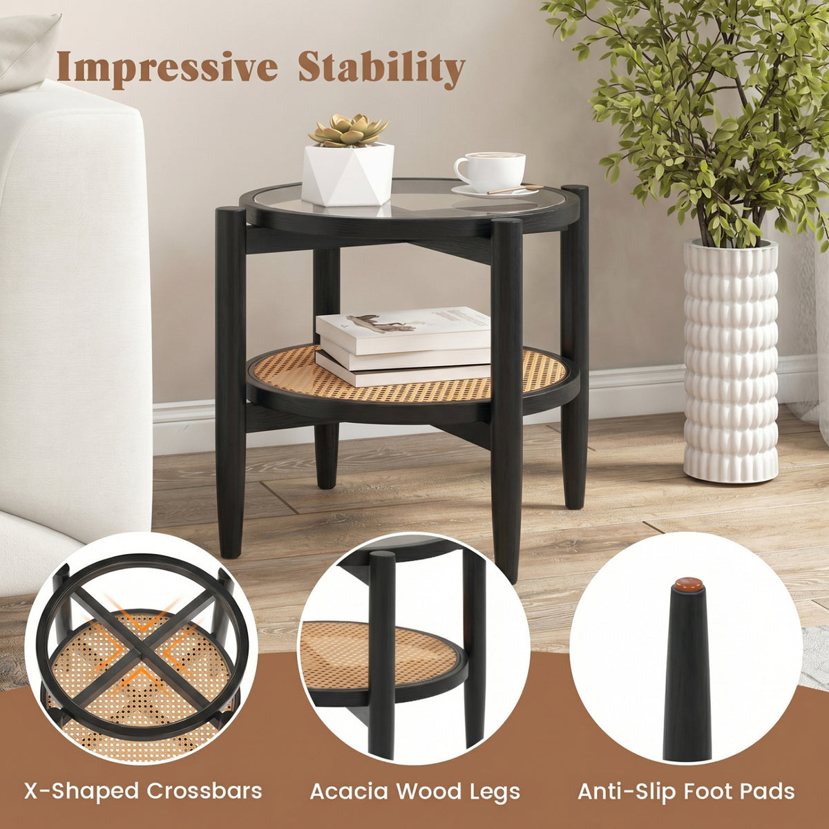 Rattan Round Side End Table with Tempered Glass Tabletop-Black