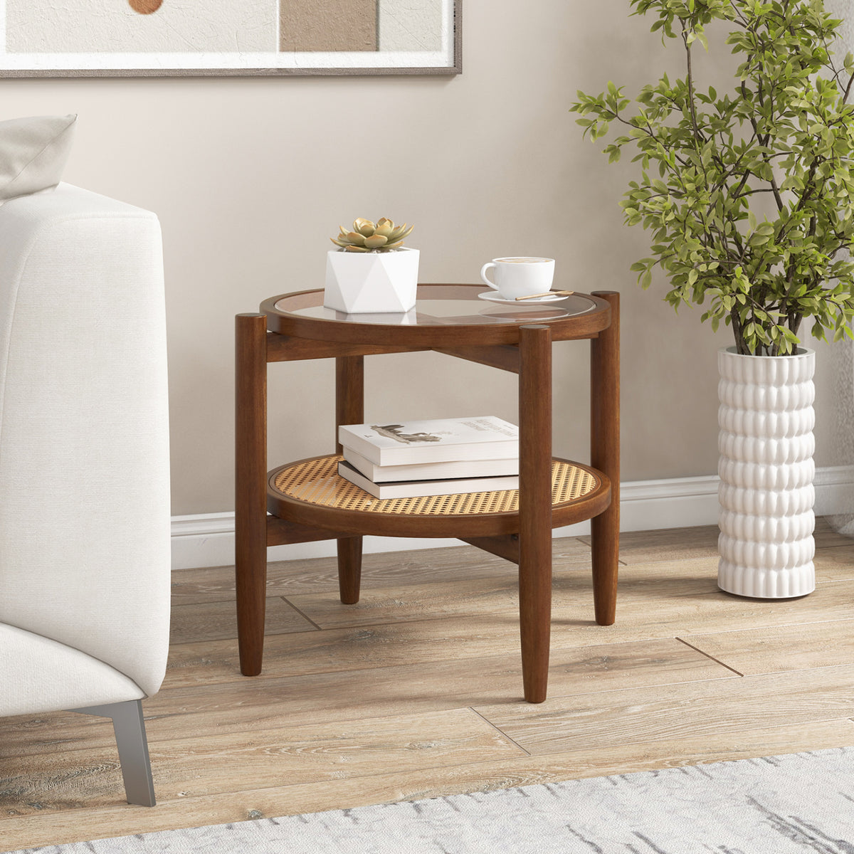 Rattan Round Side End Table with Tempered Glass Tabletop-Walnut