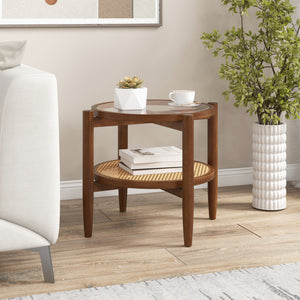 Rattan Round Side End Table with Tempered Glass Tabletop-Walnut