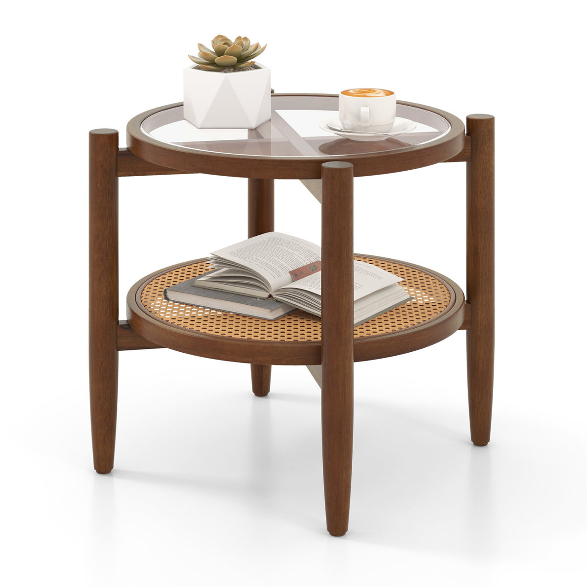 Rattan Round Side End Table with Tempered Glass Tabletop-Walnut