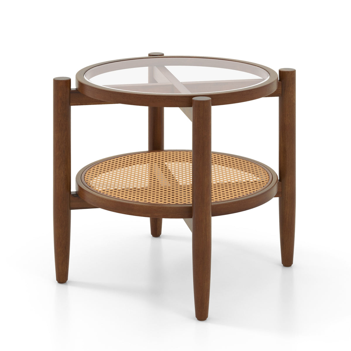 Rattan Round Side End Table with Tempered Glass Tabletop-Walnut