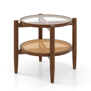 Rattan Round Side End Table with Tempered Glass Tabletop-Walnut