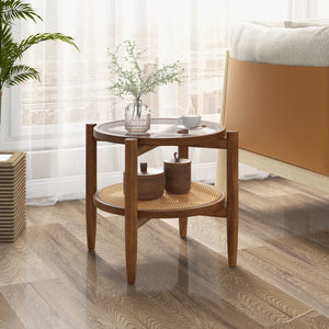 Rattan Round Side End Table with Tempered Glass Tabletop-Walnut