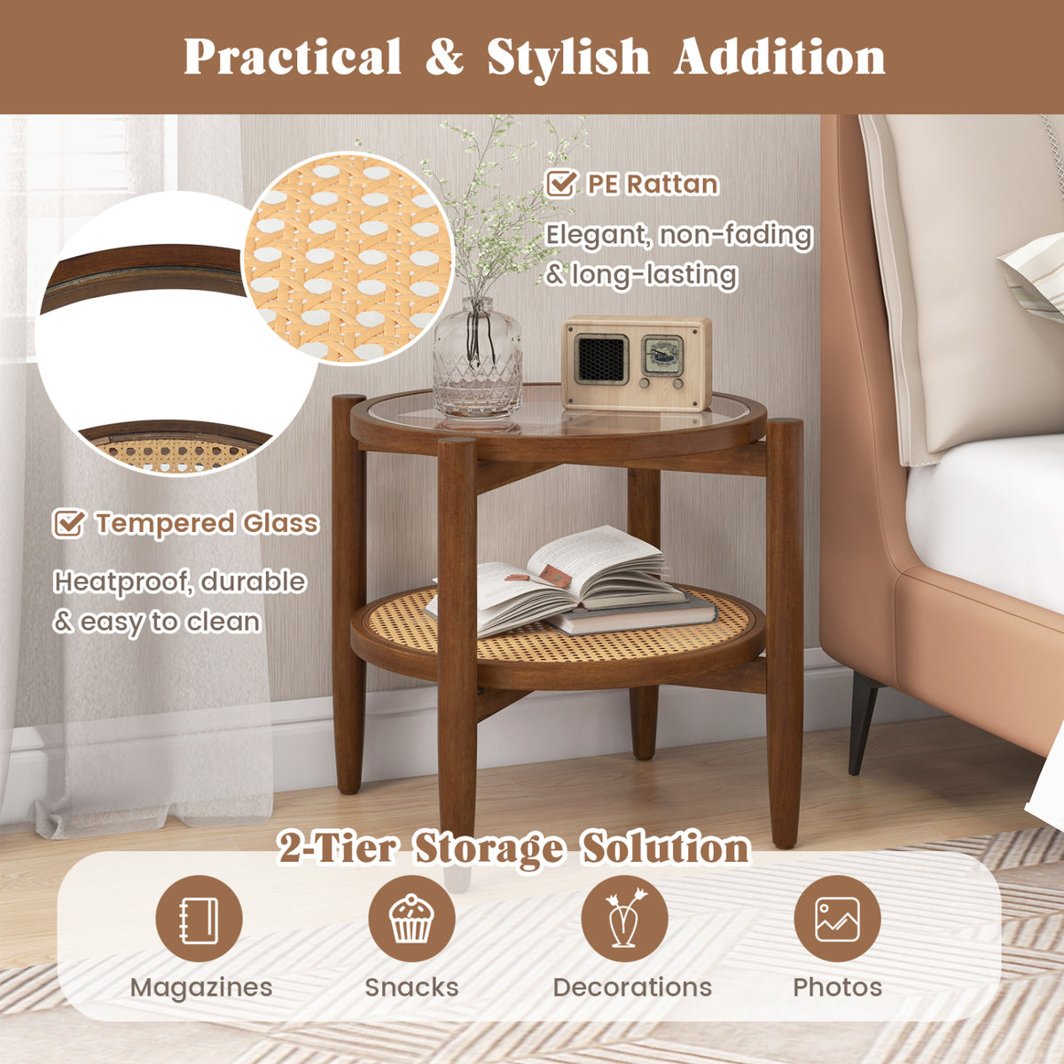 Rattan Round Side End Table with Tempered Glass Tabletop-Walnut