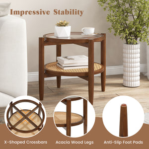 Rattan Round Side End Table with Tempered Glass Tabletop-Walnut