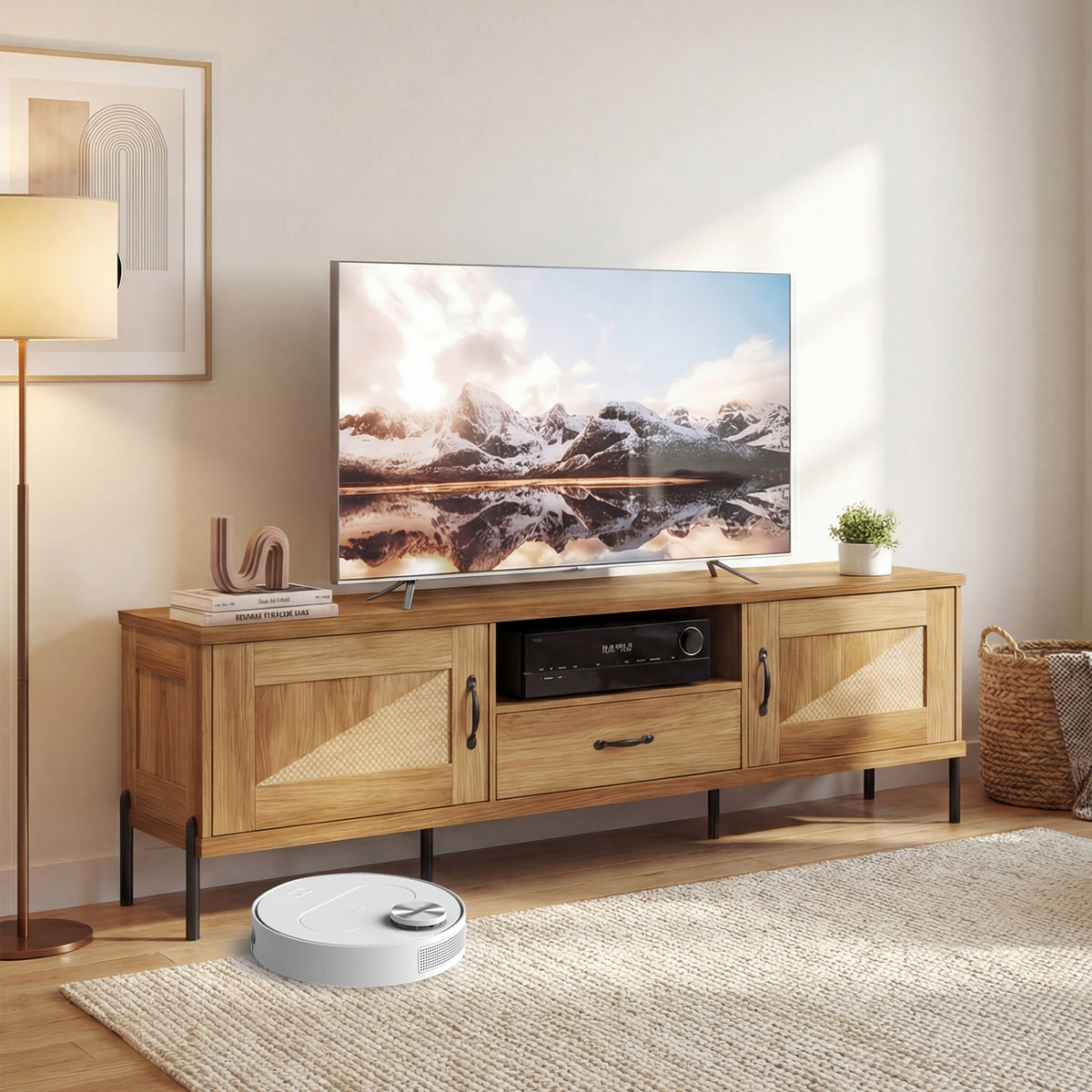 Rattan TV Stand for TVs up to 80" Mid Century Modern Media Console Table with 2 Storage Cabinets-Natural