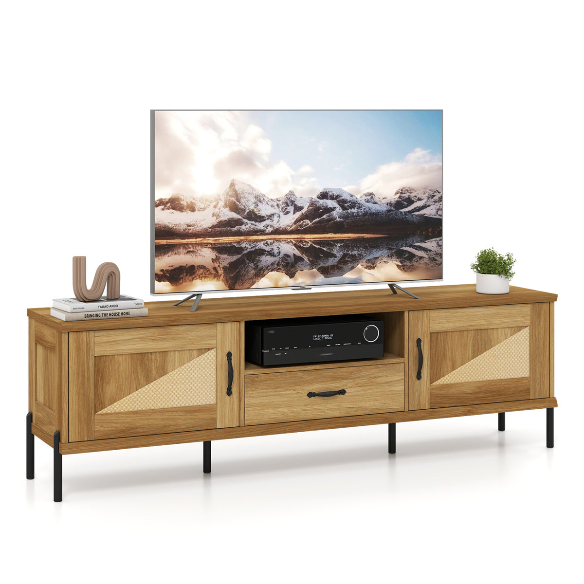 Rattan TV Stand for TVs up to 80" Mid Century Modern Media Console Table with 2 Storage Cabinets-Natural