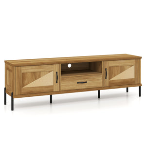Rattan TV Stand for TVs up to 80" Mid Century Modern Media Console Table with 2 Storage Cabinets-Natural