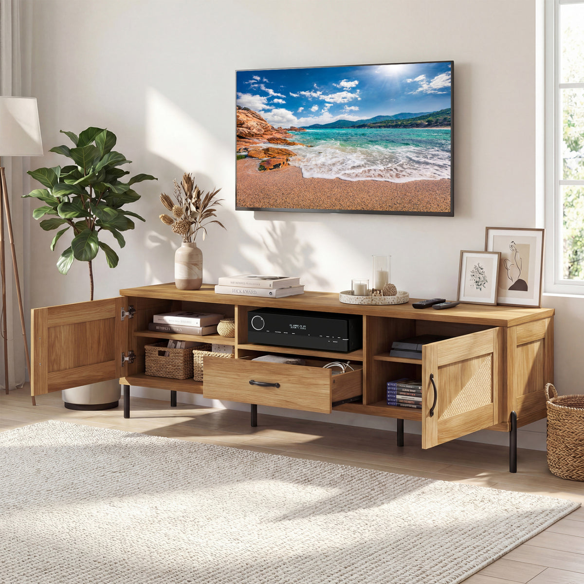 Rattan TV Stand for TVs up to 80" Mid Century Modern Media Console Table with 2 Storage Cabinets-Natural