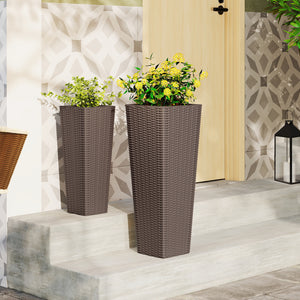 Rattan Tall Planter Set of 2 Outdoor Large Tapered Planters with Removable Inner Trays-Brown