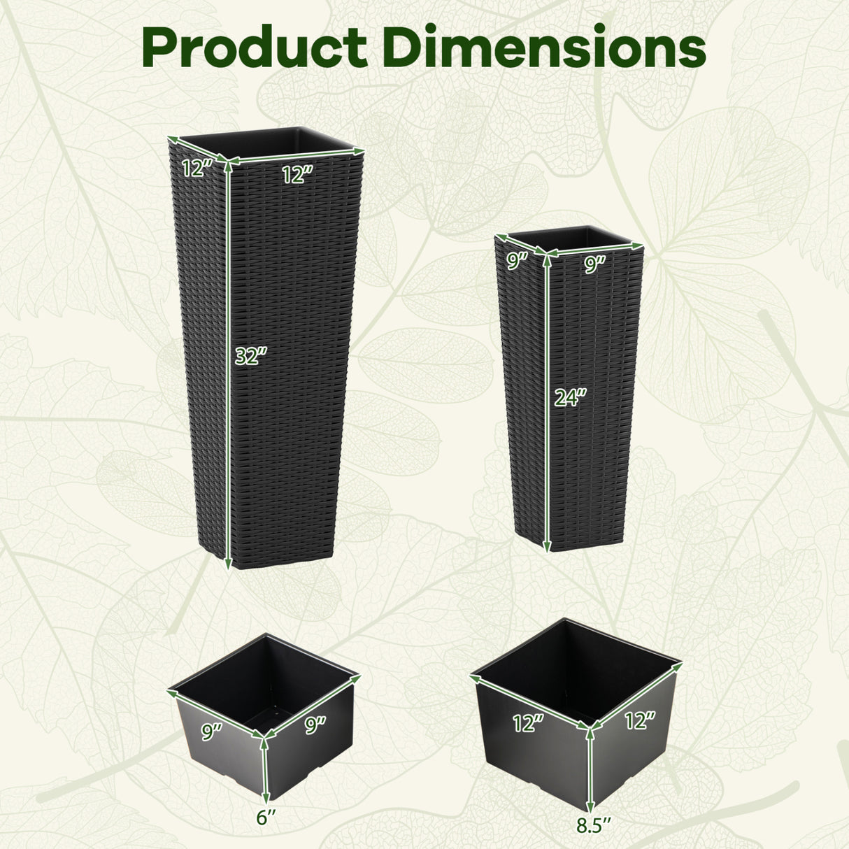 Rattan Tall Planter Set of 2 Outdoor Large Tapered Planters with Removable Inner Trays-Black