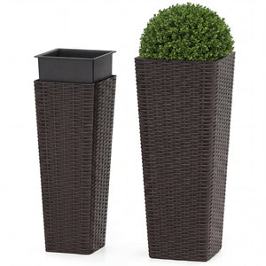 Rattan Tall Planter Set of 2 Outdoor Large Tapered Planters with Removable Inner Trays-Brown