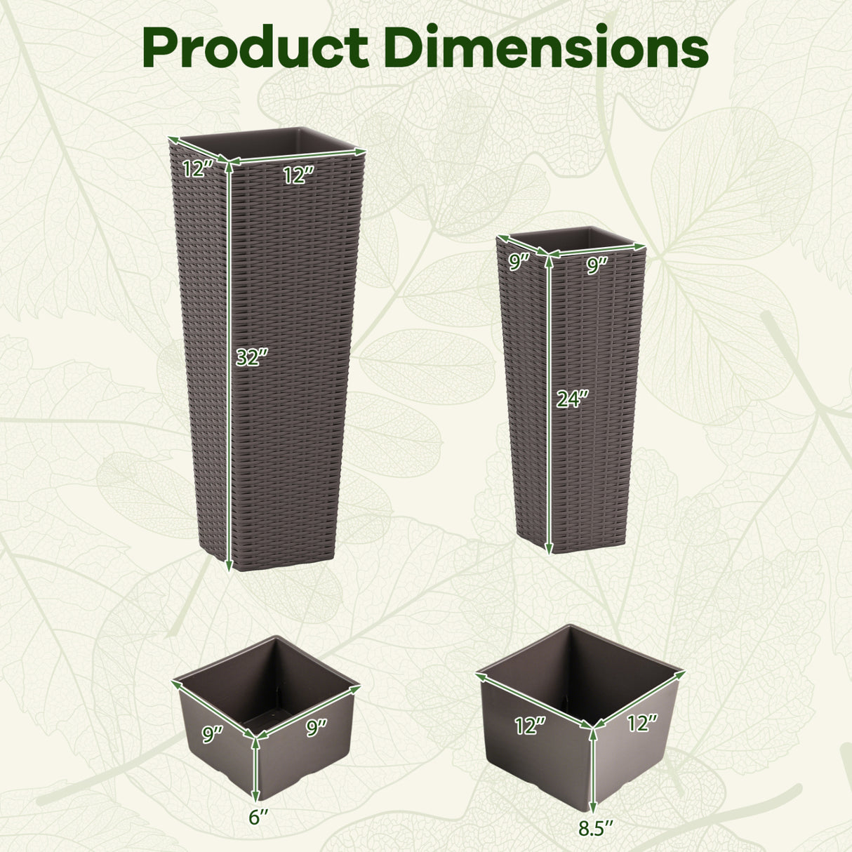 Rattan Tall Planter Set of 2 Outdoor Large Tapered Planters with Removable Inner Trays-Brown