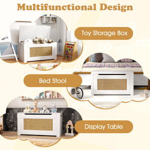 Kids Rattan Toy Storage Box with Flip Top Lid and Safety Hinge Handles-White