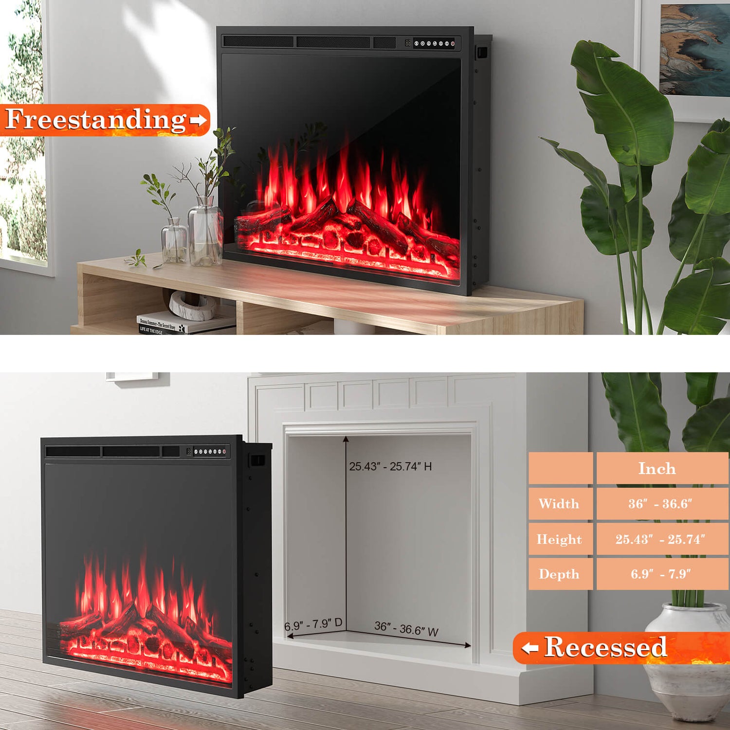 34 Inch Electric Fireplace Recessed with Adjustable Flames